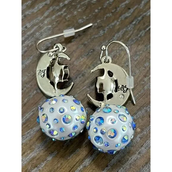 Signed Betsey Johnson Celestial Moon Blue Aurora Borealis Rhinestone Earrings - Picture 4 of 8
